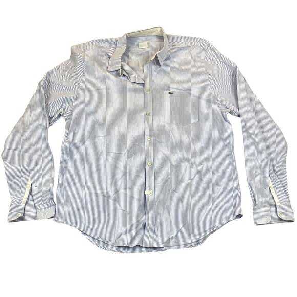 Lacoste Mens Dress Shirt Size XL 17 Neck Classic Fit Long Sleeve Blue Striped Fo - Picture 1 of 12